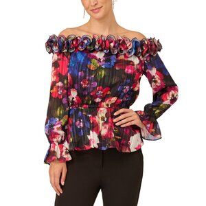 139$ Adrianna Papell Women's Ruffled Off-The-Shoulder Top Size 4 Multicolor